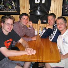 Drummers Kenny Wood, Taylor Ettema, Adam Summerfield and Jamie Strowbridge hanging out in Boulder before the game, 2003