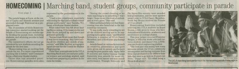 Daily Bruin article about the Band's participation in the Homecoming Parade,  November 1, 2004 