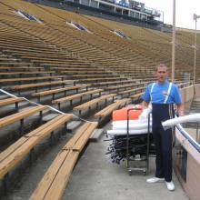 Equipment Crew Head Kevin Cayton sets up at Cal, 2004