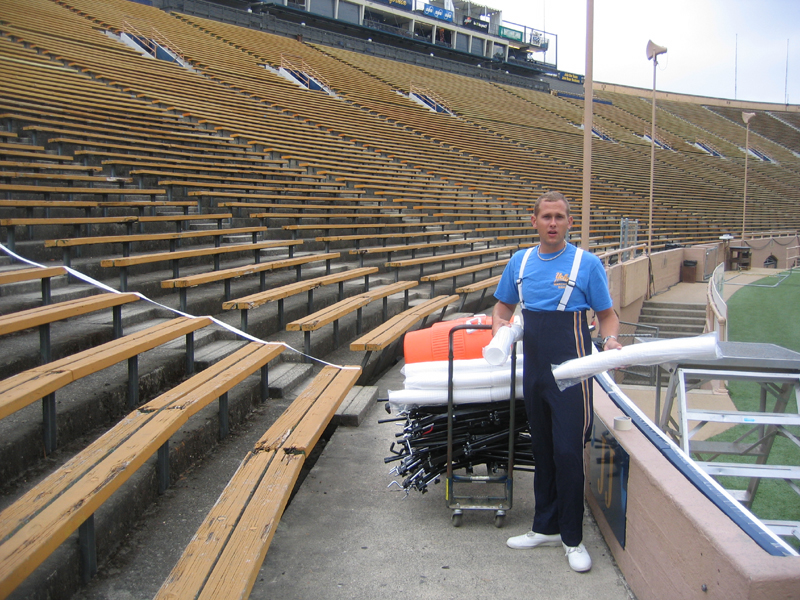 Equipment Crew Head Kevin Cayton sets up at Cal, 2004