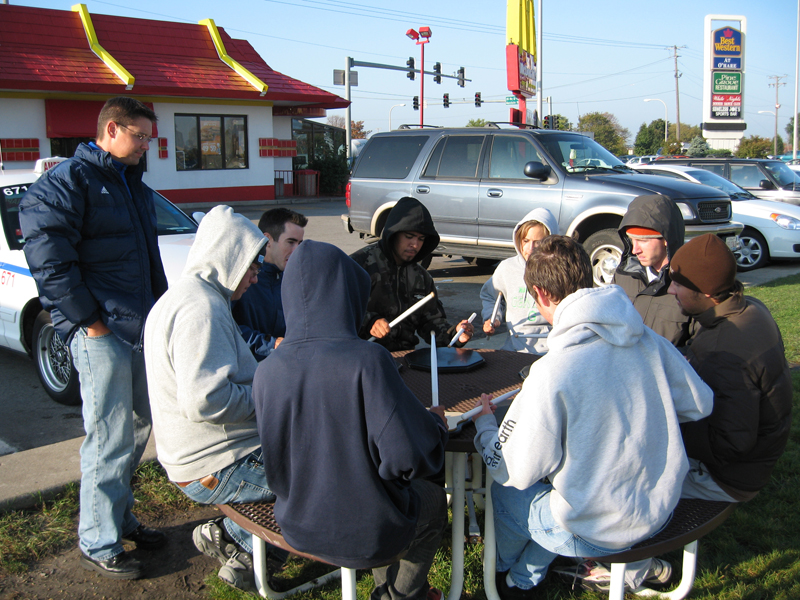 Drumline at McDonald's before rehearsal, Notre Dame trip 2006