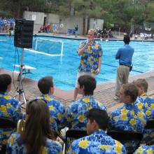 Women's Water Polo with Drum Major Sean Garnreiter conducting