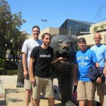 Andrew Duncan, Matt Haines, Kyle Thompson, and Will Plenk at Bruin Bear statue, Band Camp 2009