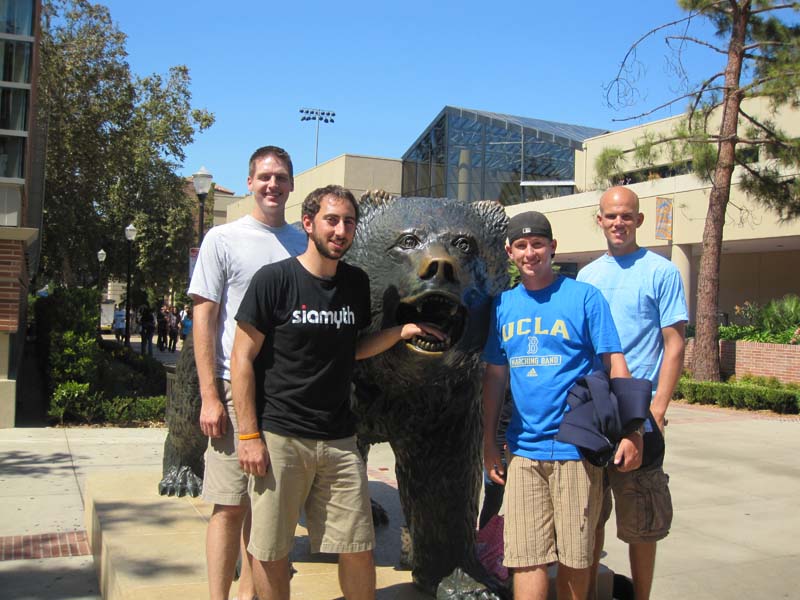 Andrew Duncan, Matt Haines, Kyle Thompson, and Will Plenk at Bruin Bear statue, Band Camp 2009