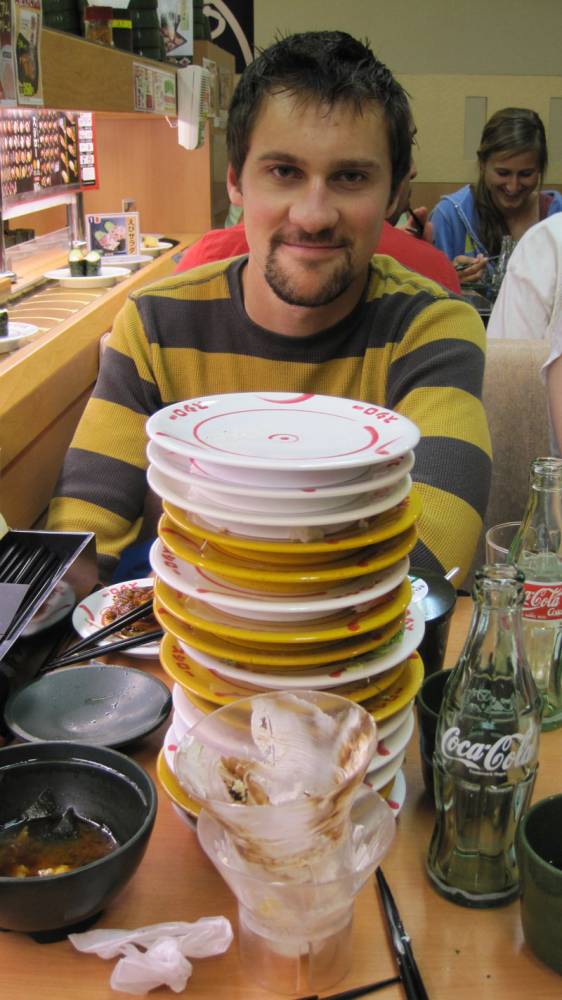 Stack of plates at sushi restraurant