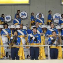 Drums at rally in John C. Argue Swim Stadium, USC game, November 28, 2009