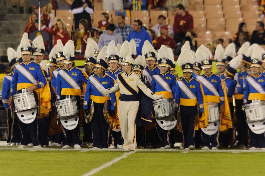 Drum Major Jessica Schlosser hypes up the Band before pregame, UCLA at USC, November 26, 2011