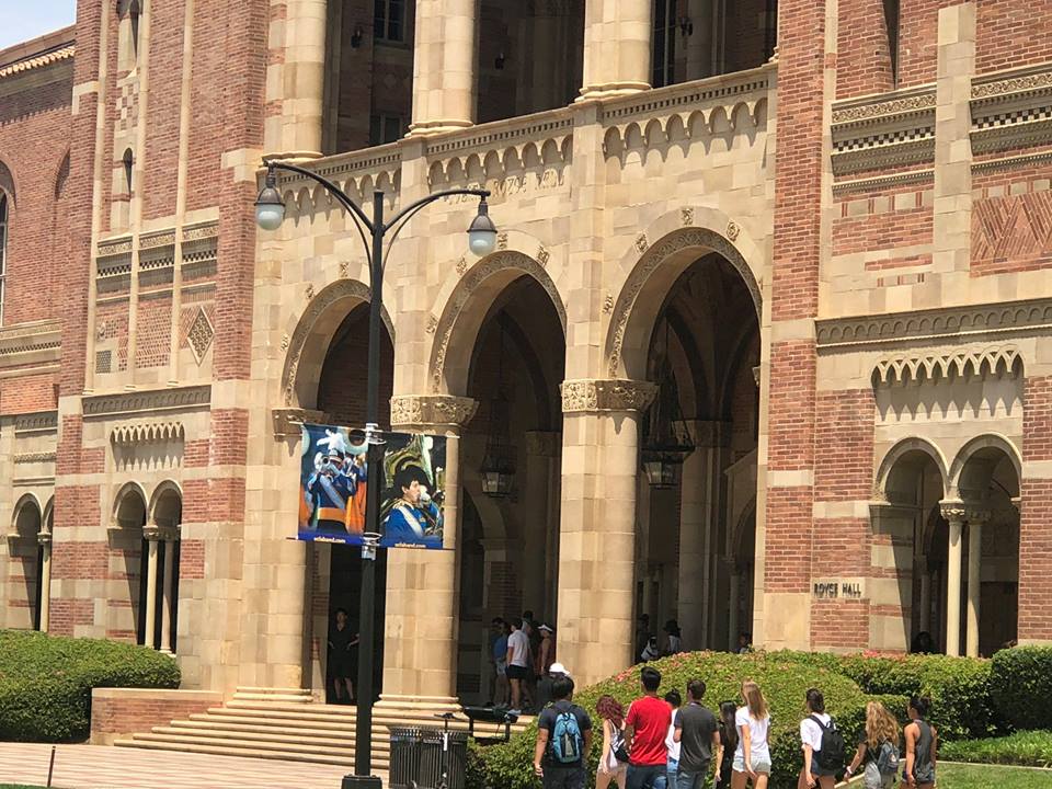 Trumpet and Sousaphone Banner in front of Royce Hall