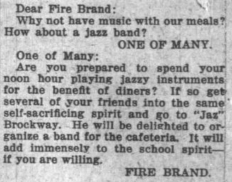 Fire Brand advice column - cafeteria Jazz Band, October 17, 1919 