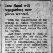 Jazz Band to reorganize under Philip Wernette. September 17, 1920
