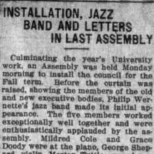 First performance of five-piece Jazz Band at assembly June 17, 1920