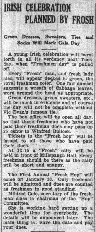 Freshmen Plan Irish Celebration, January 9, 1920