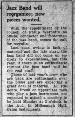 Jazz Band to reorganize under Philip Wernette. September 17, 1920