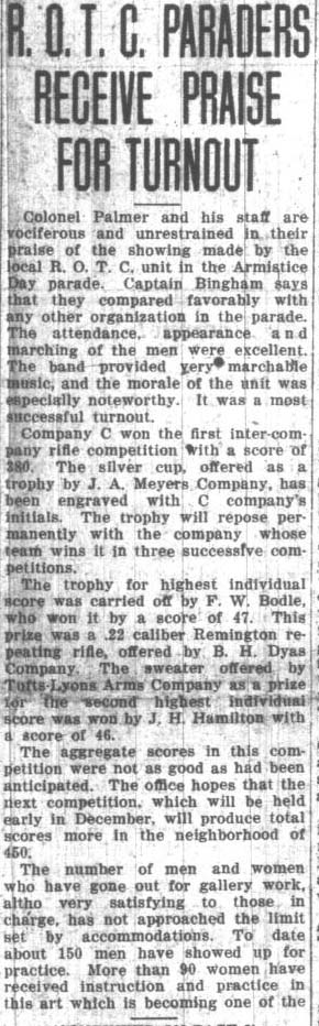 ROTC Band - Armistice Day Parade receives praise, November 18, 1921