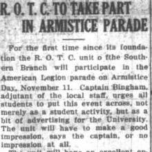 ROTC Band to participate in Armistice Day Parade. November 4, 1921