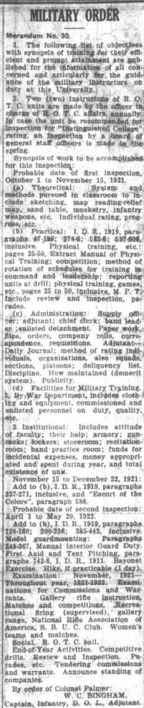 Military Order mentions Band Practice room (2. Institutional) and band leader (c. Administration). October 21, 1921 