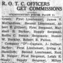 ROTC Band Officers: Drum Major Sam Z. Goodman; Sergeants Erwin C. Weaver, Lewis L. Spangler, Herbert J. Horn. December 2, 1921