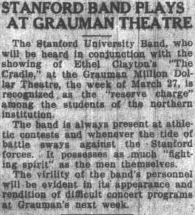 Stanford Band at Grauman Theater, March 24, 1922