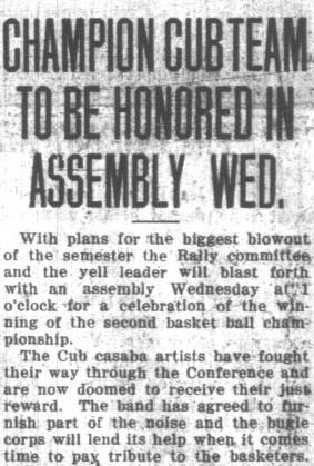 Band and Bugle Corps at rally for basketball team. February 24, 1922