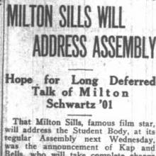 Actor Milton Sills at assembly; mention of songs written by Vic Beall. November 24, 1922