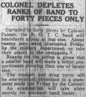 Colonel Palmer reduces size of ROTC Band, November 17, 1922