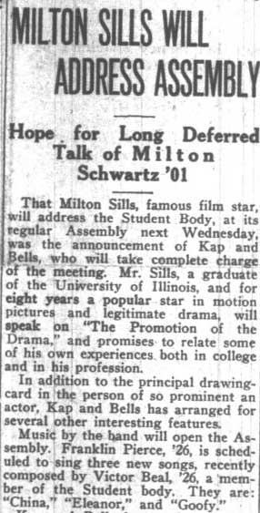 Actor Milton Sills at assembly; mention of songs written by Vic Beall. November 24, 1922