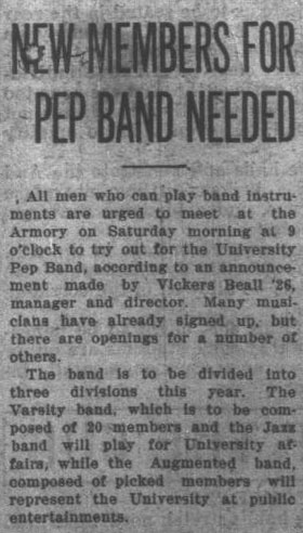 Call for Pep Band members by Vic Beall, September 21, 1923