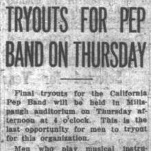 Pep Band, Jazz Band, Varsity Band tryouts. September 25, 1923