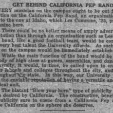 Editorial - "Get Behind California Pep Band" - September 18, 1923