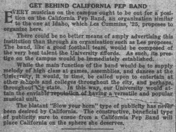 Editorial - "Get Behind California Pep Band" - September 18, 1923