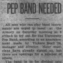 Call for Pep Band members by Vic Beall, September 21, 1923