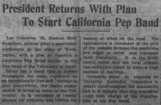 ASUC President Les Cummins '25 plans to start California Pep Band, September 14, 1923 