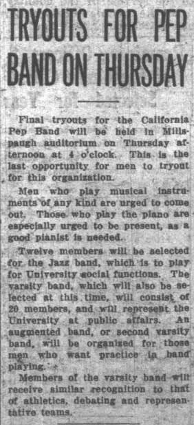 Pep Band, Jazz Band, Varsity Band tryouts. September 25, 1923