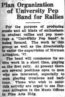 Herman Allington plans organization of Pep Band, September 16, 1925