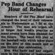 Pep Band changes hour of rehearsal, April 13, 1926