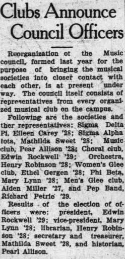 Clubs announce council officers - Richard Petrie, Pep Band. November 3, 1926