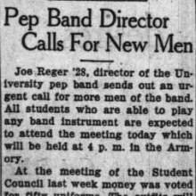 Joe Reger '28 calls for more band members. October 12, 1926
