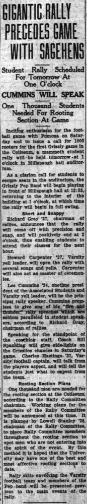 Rally before Pomona game - "first game in Coliseum" October 23, 1926