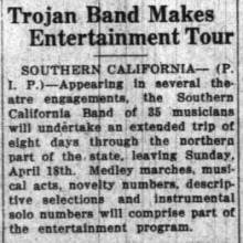 Trojan Band starts entertainment tour, April 12, 1926 
