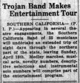 Trojan Band starts entertainment tour, April 12, 1926 