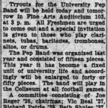 Pep Band Men Hold Tryouts - Committee working on uniform, September 15, 1926