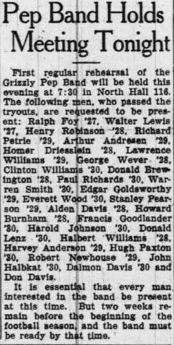 Roster of Pep Band Members, September 21, 1926 