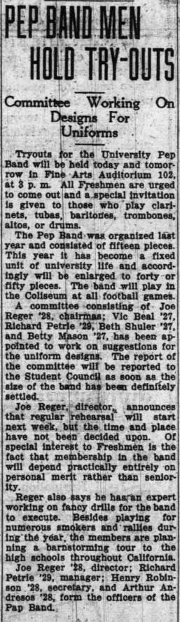 Pep Band Men Hold Tryouts - Committee working on uniform, September 15, 1926