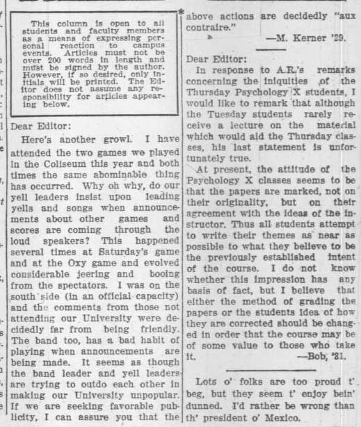 Letter - "Band has a bad habit of playing" during announcements. November 8, 1927 