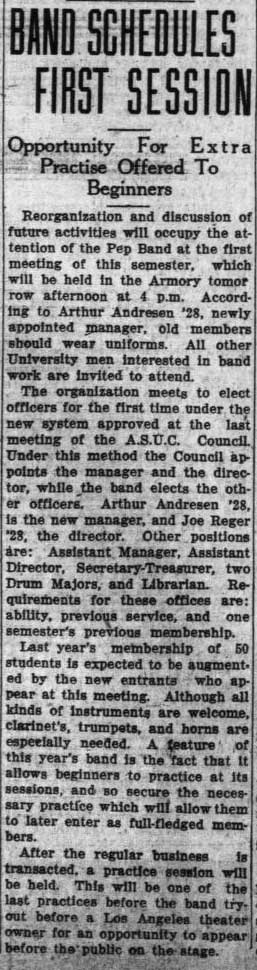 Band schedules first session, February 7, 1927