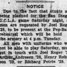 Notice - rehearsal for basketball game against San Diego State, January 11, 1927