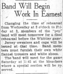 Band rehearses, wears sweaters and caps. October 6, 1927