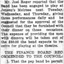Student Council Minutes - Joel Reger seeks dinner expenses for Band. March 14, 1927