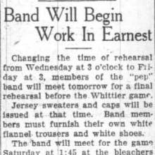 Band rehearses, wears sweaters and caps. October 6, 1927