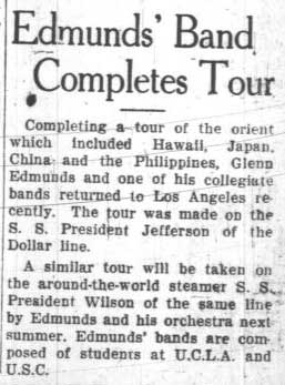 Edmunds Band (featuring UCLA/USC students) completes tour, October 22, 1928